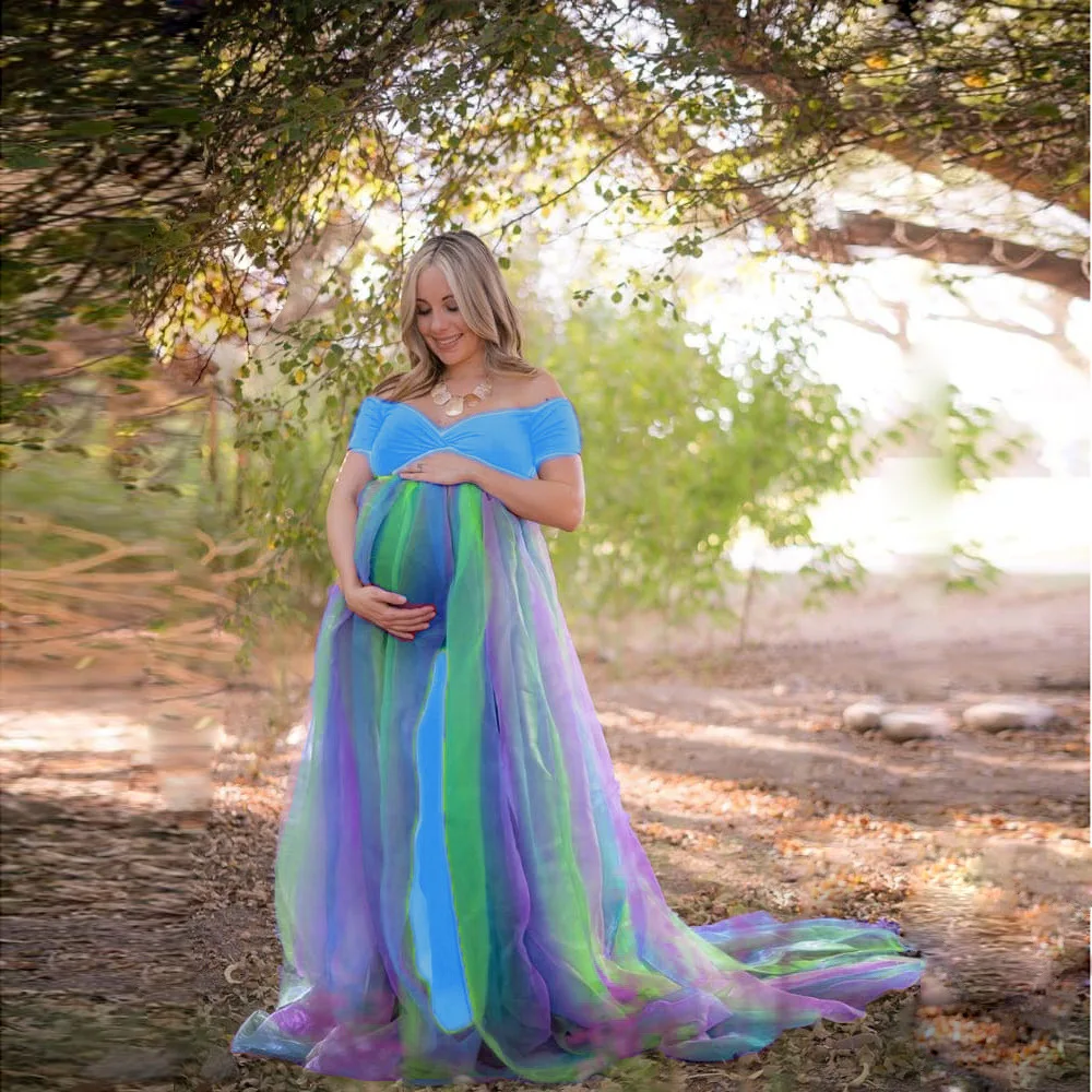 New Style Plus Size Rainbow Tulle Evening Robes Maternity Pregnancy Fancy Maxi Off Shoulder Cotton Gown Dress For Photo Shooting