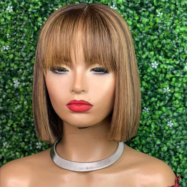 highlight 1b honey brown color straight bob human hair lace front wig,10inch highlighted piano bob wig