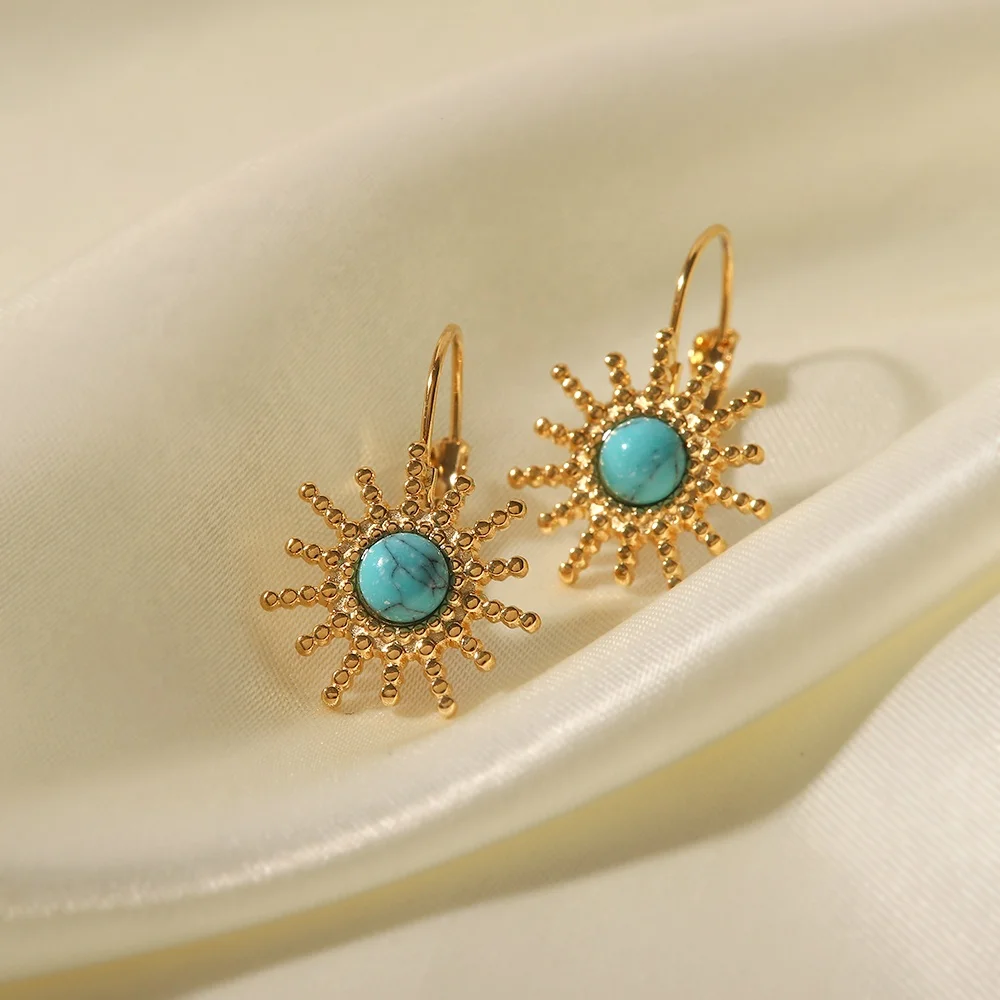 Suyan Jewelry Factory Price  Sun Shape Beads Design Turquoise Non Tarnish 18k Gold Plated Stainless Steel Hoop Earrings Women