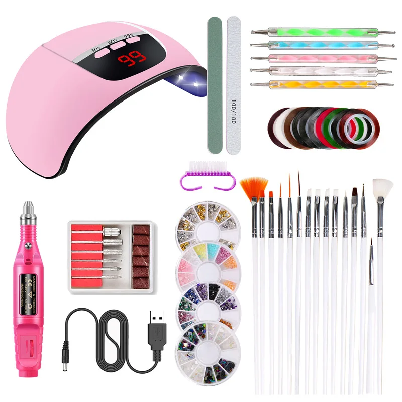 USB Nail Drill 54W Dryer Lamp Dotting Pen Brush File Rhinestones Set for Manicure Nail Art Tools Kit