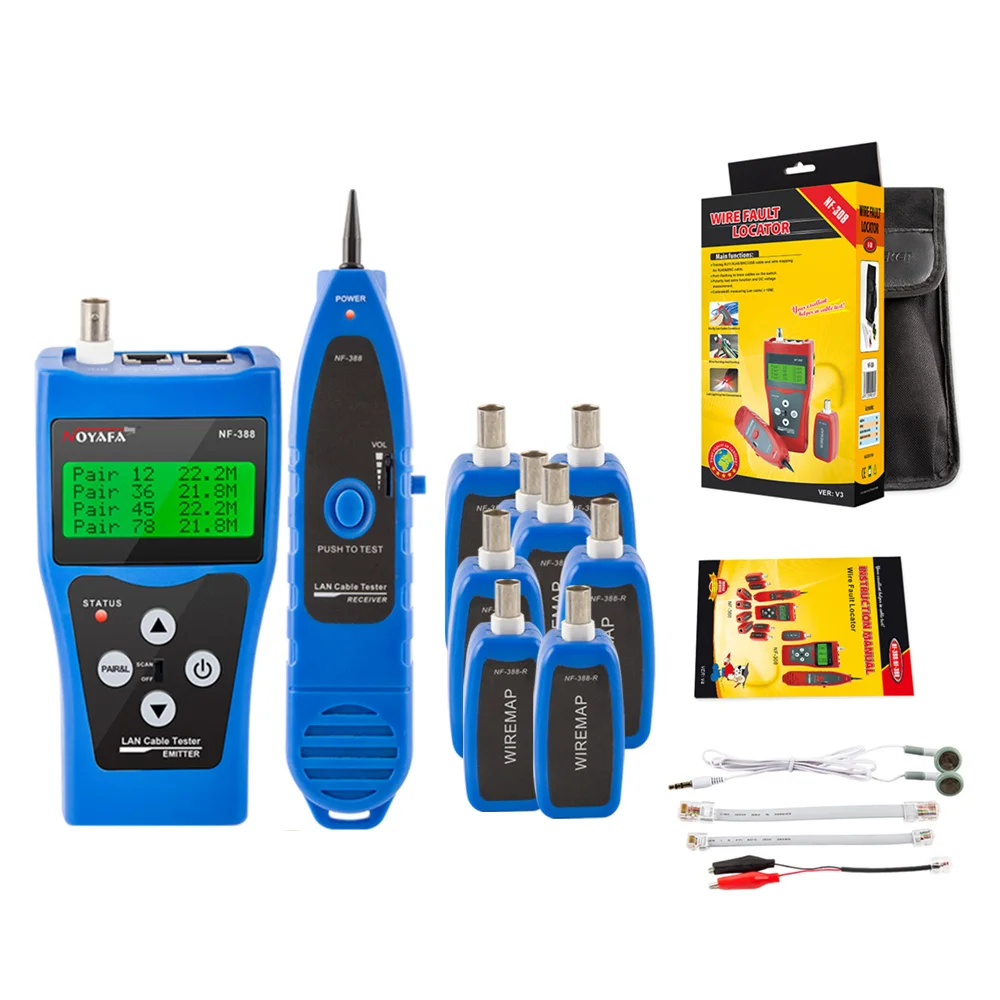 NOYAFA NF-388 LCD Wire Fault Locator test RJ45 RJ11 BNC and USB test Polarity and Voltage testing instrument with 8 remotes