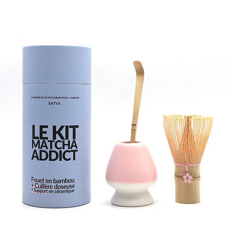 Newell Wholesale 3 Point Set Customized Color Print Paper Can With Matcha Chasen Scoop Whisk Holder For Gift