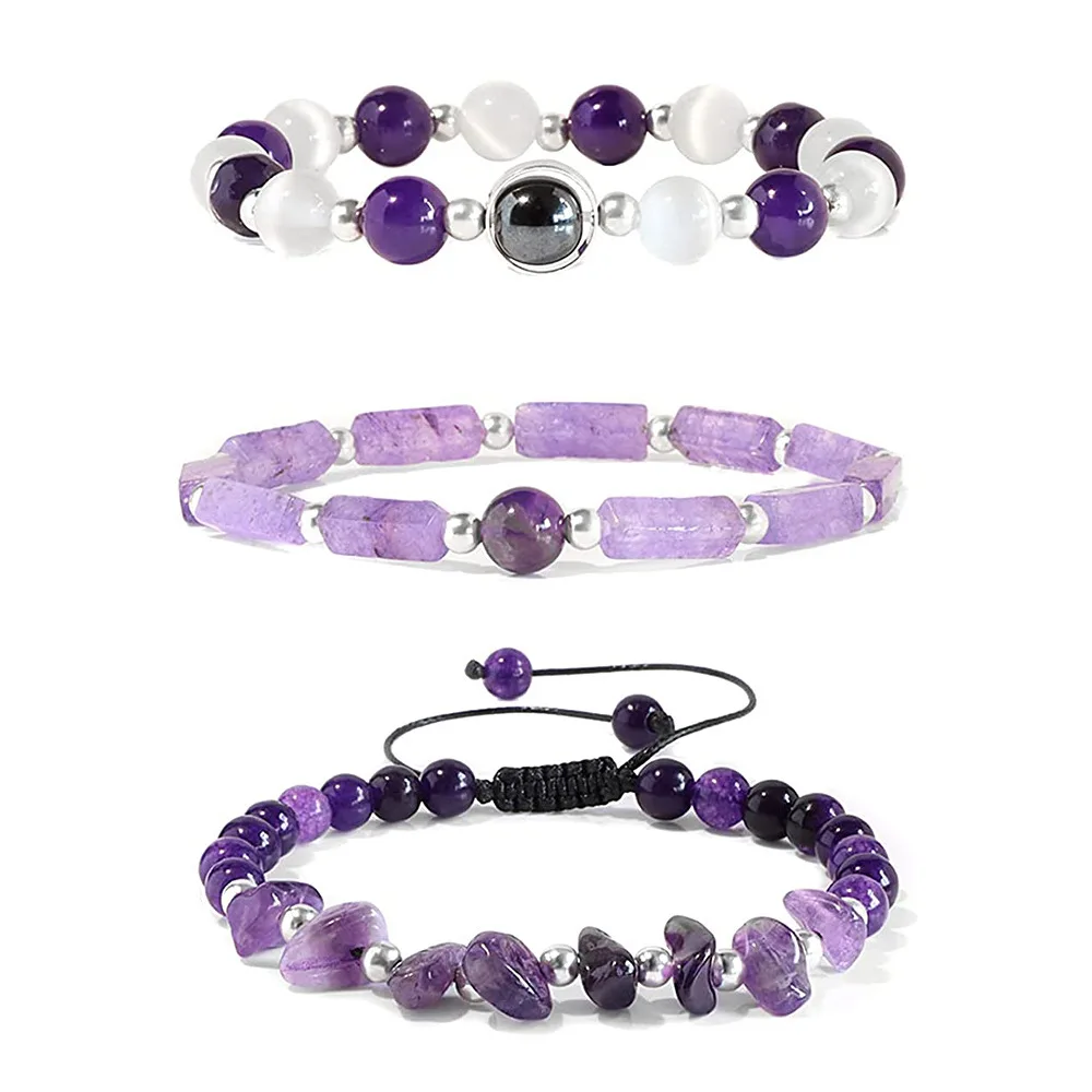 3 PCs/set Natural Irregular Gemstone Bracelet Magnetic Gorgeous Semi-Precious Healing Crystal Elastic Beaded Bracelet Set