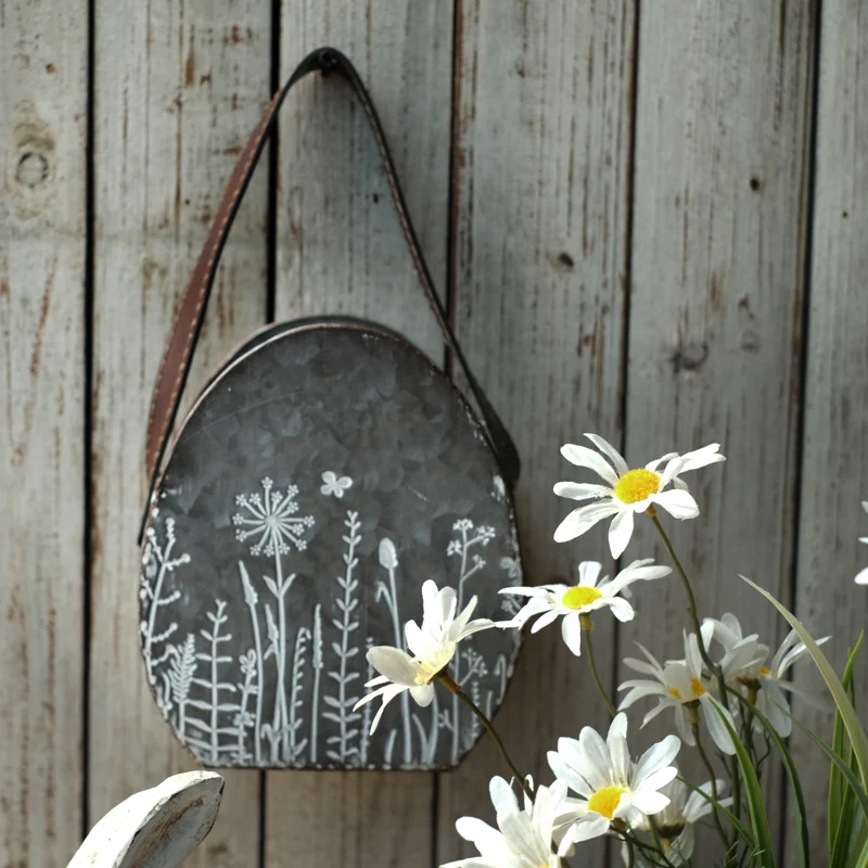 vintage galvanized metal egg shaped hanging iron flower pot with leather handle farmhouse garden container  packing/giftpacking