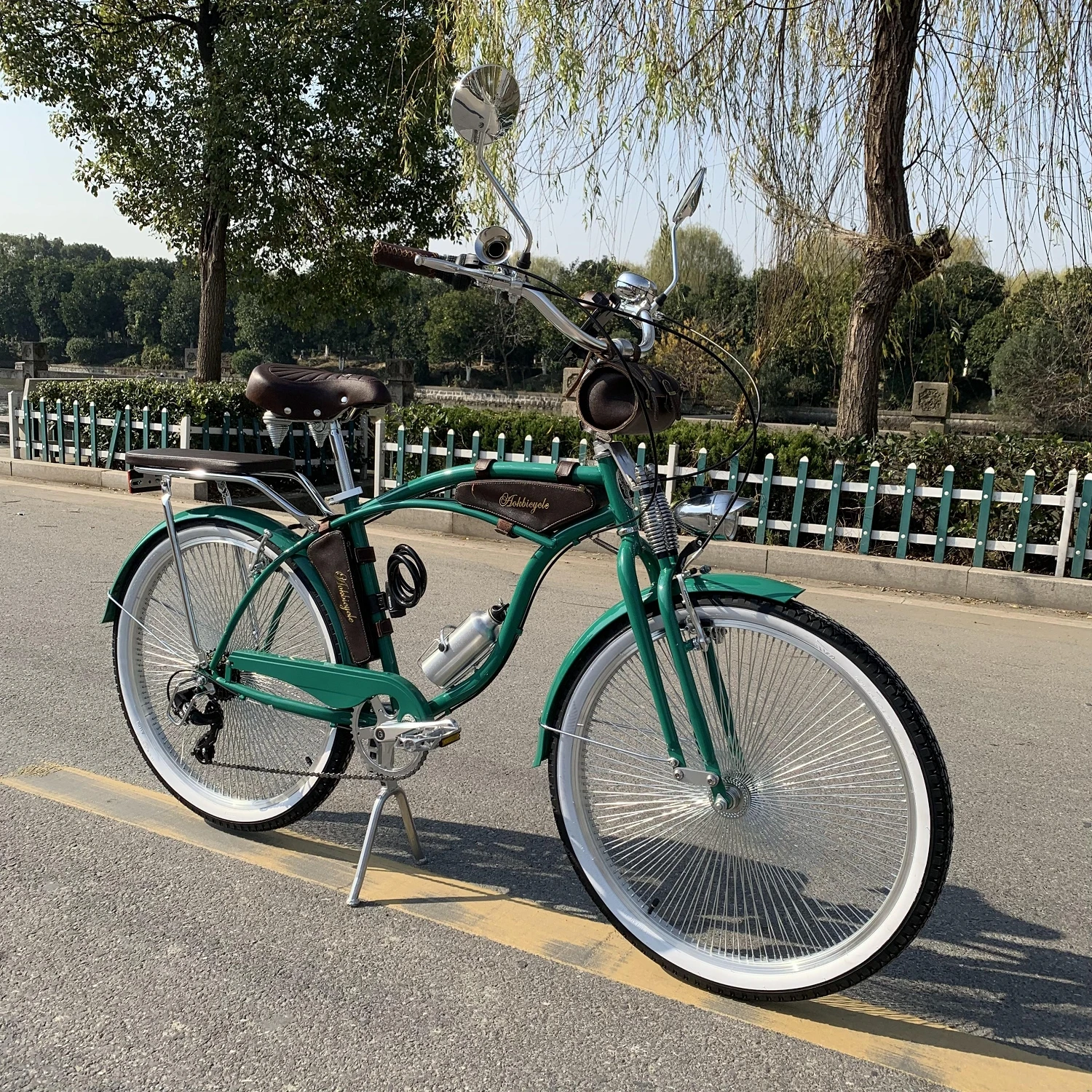 26 Inch Classic Bicycle Indian Spring Fork Chrome Beach Cruiser Bike  with leather bag