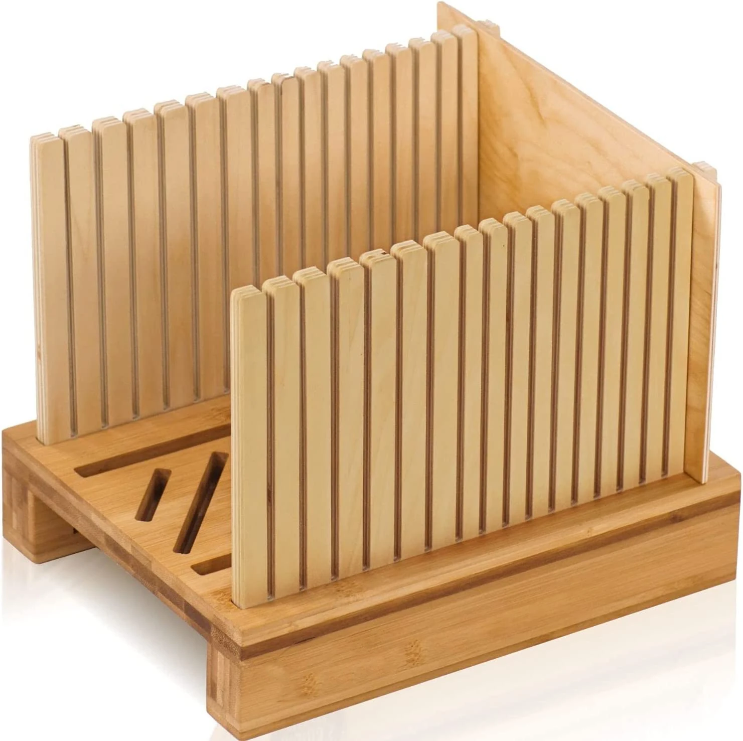 Factory Direct Good Rate Bamboo Adjustable Compact Foldable Bread Slicer with Crumb Tray Homemade Bamboo Bread Cutter