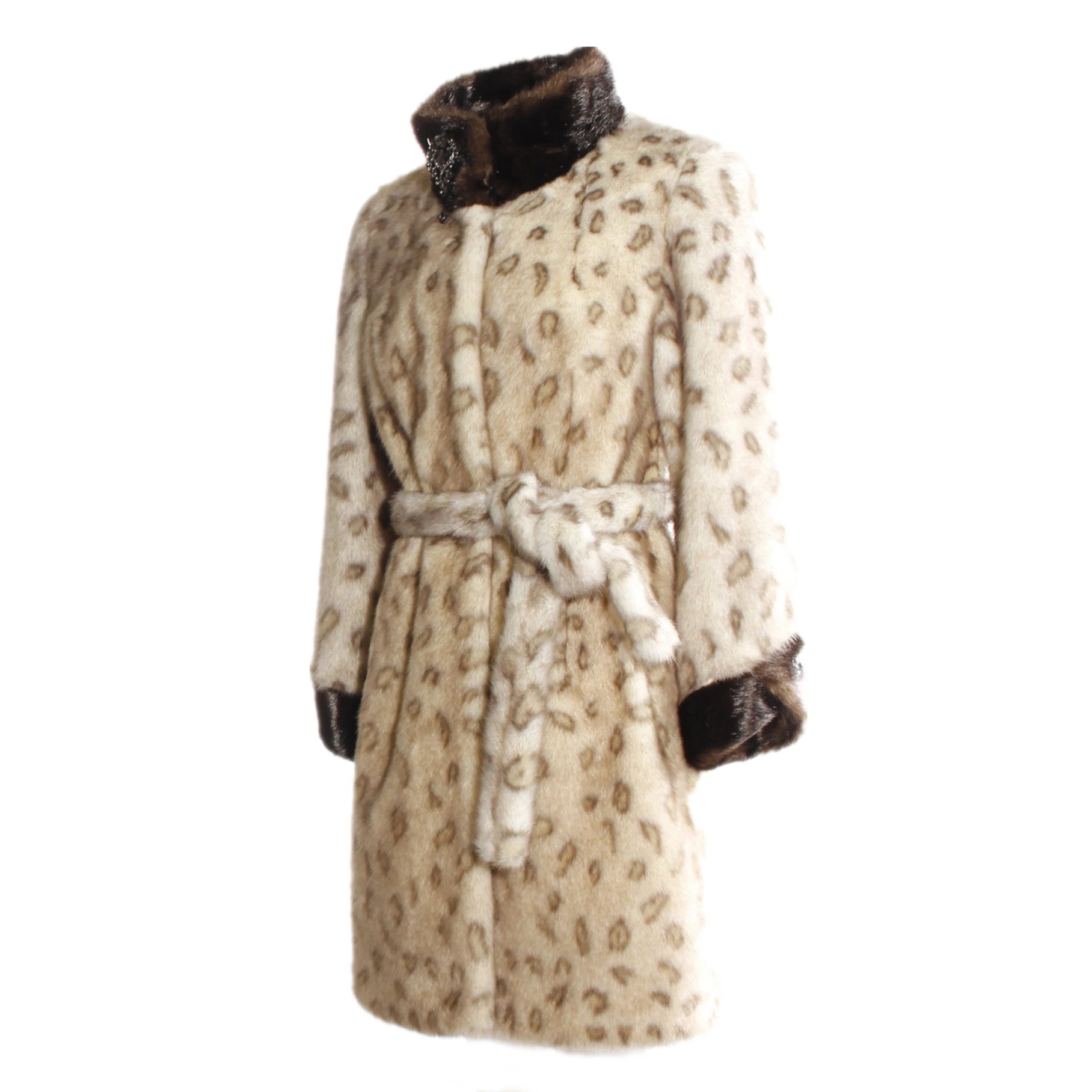 2023 new custom manufacture Founder Winter Women Curly Luxurious Style Leopard Print Faux Mink Fur Belted Longline Coat
