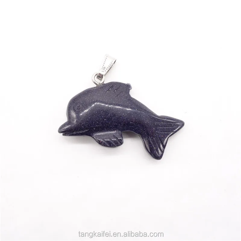 Natural Hand Carved Crystal Gem Animal Statue Cute Dolphin Necklace Pendant