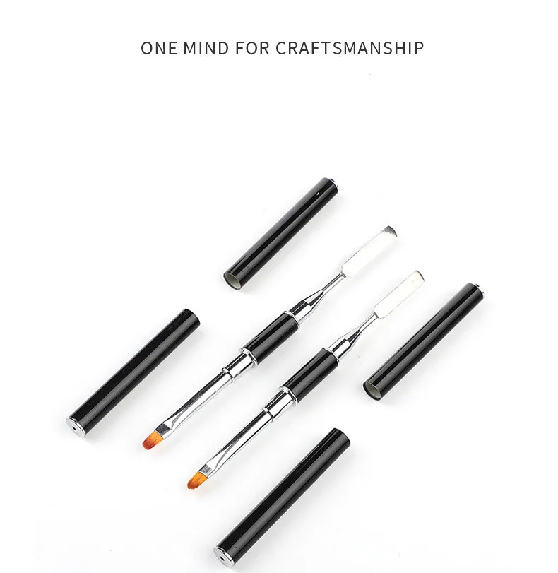 Black Metal Handle Nail Pen Double Heads Nylon Hair Gel Painting Nail Art Brush with Nail Spatula Pusher