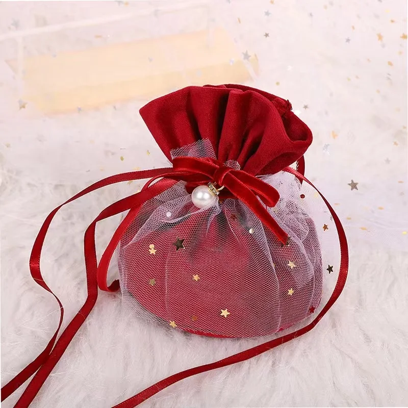 Luxury Super Soft Red Velvet Pouch Customized Gift Cosmetic Packaging Drawstring Christmas red Velvet Dust Bag for Jewelry