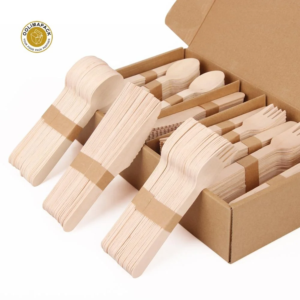 100% Eco friendly disposable 160mm wood cutlery set knives forks spoon biodegradable dinnerware utensils with box