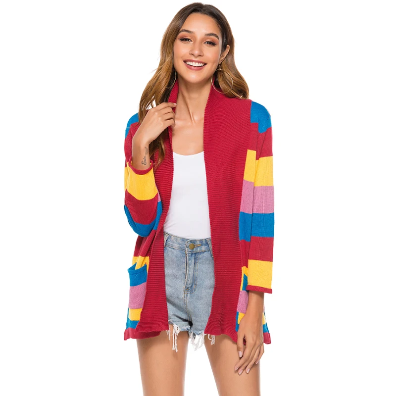 New Arrivals Stylish Women Stand Neck Long Sleeve Open Front Pocket Multicolored Rainbow Cardigan