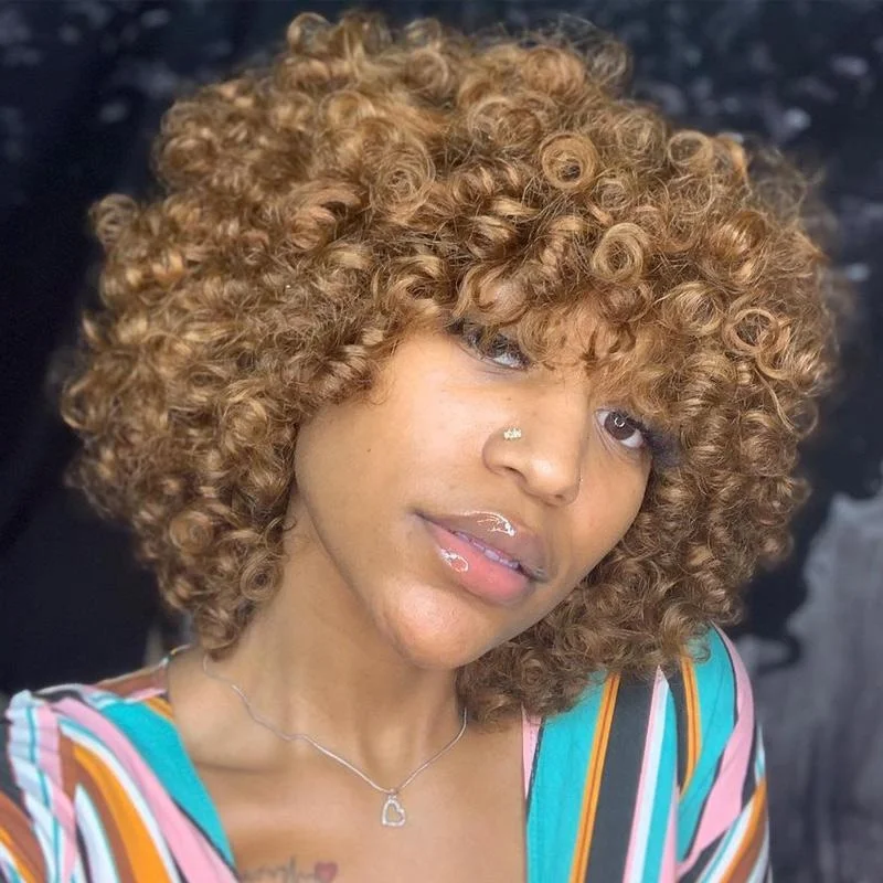 Virgin Brazilian Rose Curly Wig with Bangs Spicy Golden Brown Human Hair Full Machine Deep Wave Short Bob Wigs for Black Women