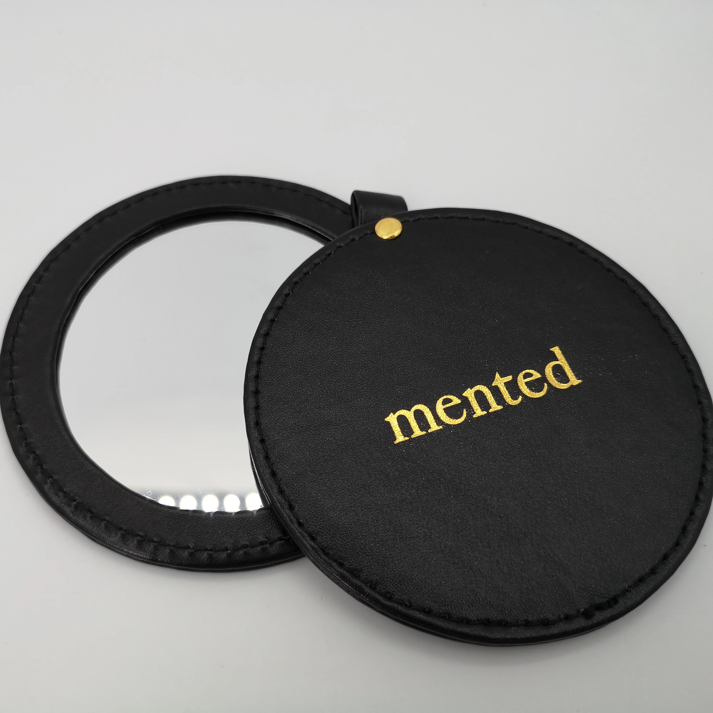 Promotion gift round shape PU pocket compact folding mirror for women
