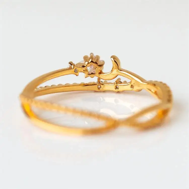 New Design Fashion Jewelry S925 Gold Plated CZ Twist Double Cross Sparkle Star Moon Ring Band