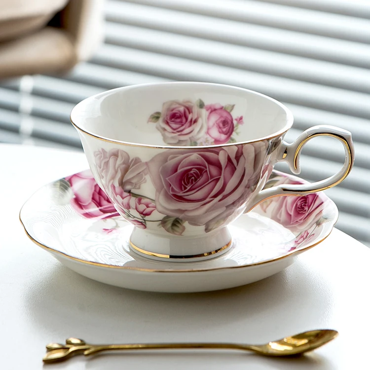 Premium quality elegant luxury pink rose floral gold rimmed espresso coffee tea cup set porcelain ceramic cups with saucer