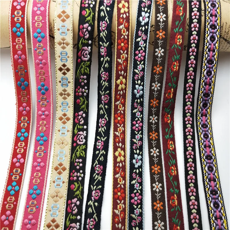 REWIN Cloth Decoration DIY 1cm Floral Embroidery Ribbon Strap Trim 10mm Wide Ethic Rhombus Woven Jacquard Ribbon Webbing