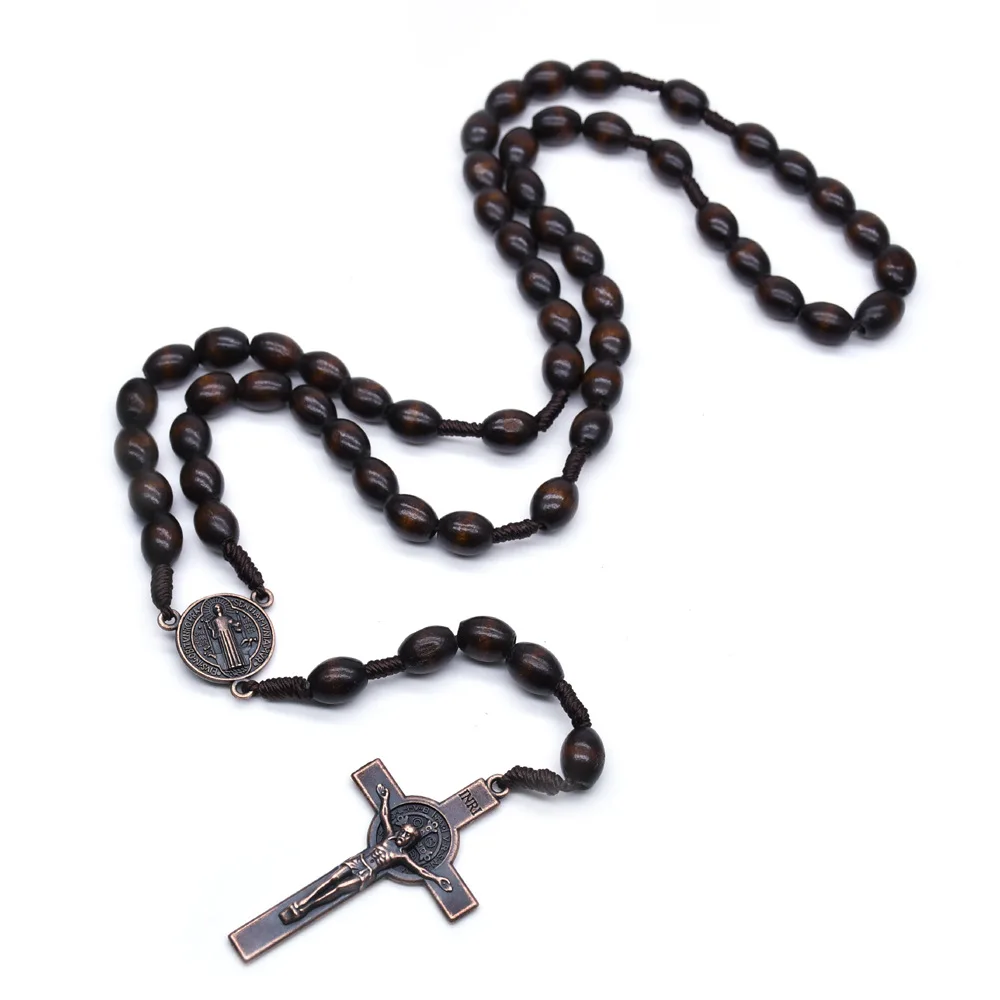 Cross Braided Dark Brown Rice Beads Wood Rosary Necklace Gold Catholicism Gift Religious Prayer Beads