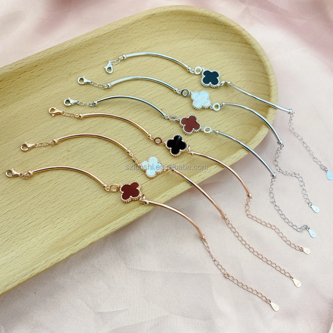 High Quality Luxury Designer Brand Jewelry Women Flower Bangle 18k Gold Plated Lucky Four Leaf Clover Excellent Agate Bracelet