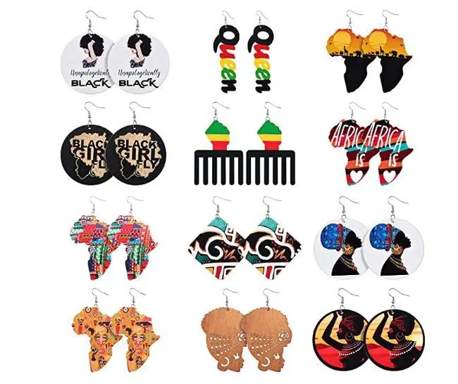 2021 Hot Selling Custom Jewelry African Head Geometric Wooden Dangle Earrings Exaggerated Fashion Head Pattern Wood Drop Earring