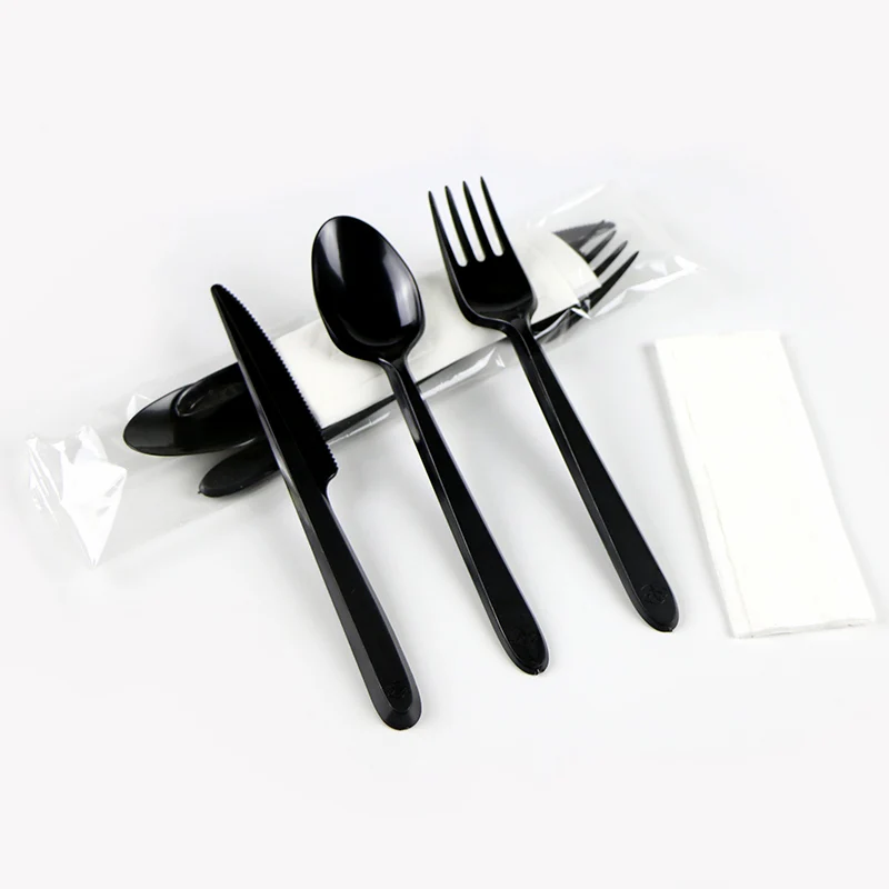 Plastic Black Cutlery Disposable Utensils Cutlery Set Fork Knife Spoon Napkin