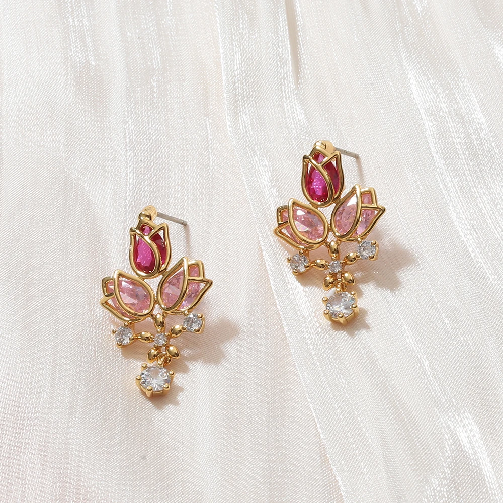 High quality factory made real gold plated 18k jewelry flower shape pendant fashion crystal earring for woman