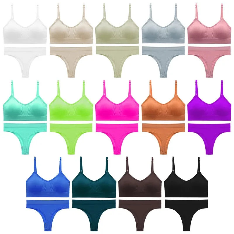 Women Seamless Bra and Panties Set Sexy Lingerie Wireless Underwear Tops Set Low-waist Thong Panty Wire Free Bra Underwear Set