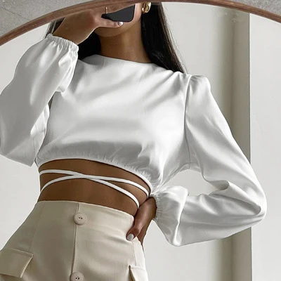 Sexy Backless Crop Top Lace Up Wrap Top Ladies Elegant Women Satin Shirt Silk O-Neck Blue Spring Summer Blouse