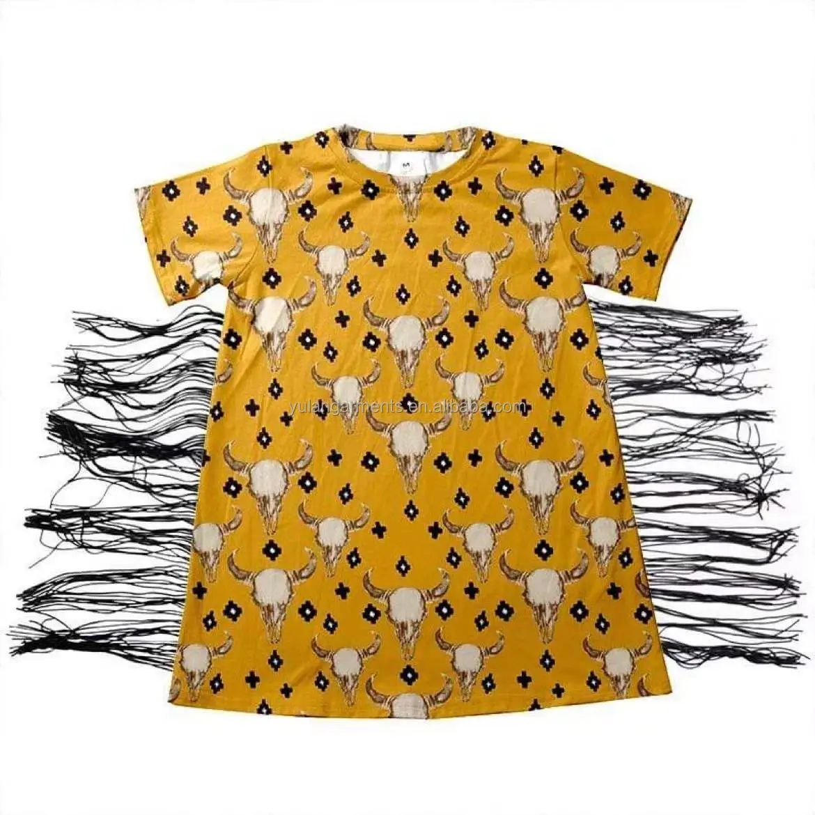 Wholesale Print Baby T Shirt Dress Fashion Girls Dresses with Black Fringe 0-16 Years Old Kids Dress