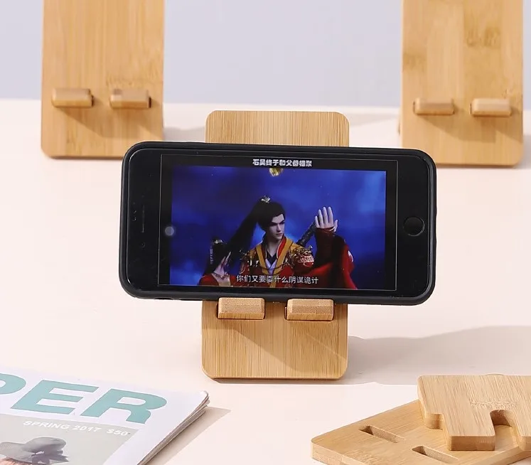 Foldable phone display stand rack flexible universal bamboo mobile cell phone charging holder stand wood for recording