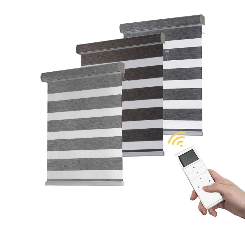 Motorized Zebra Blinds Double Layers Polyester Cordless Shades Blackout Motorized Zebra Blinds