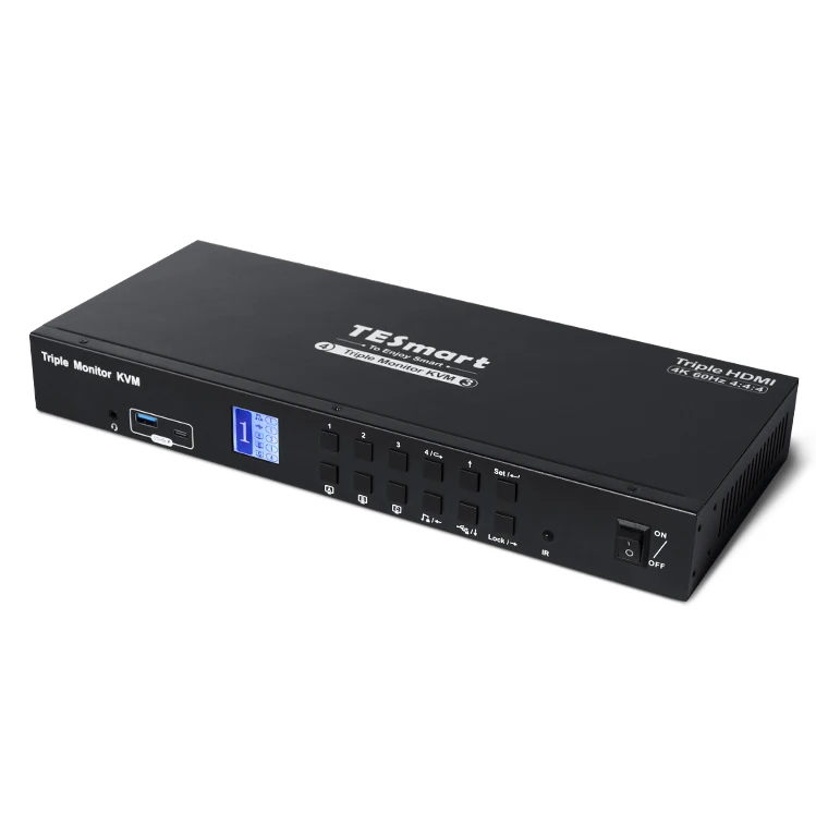 TESmart 4 Port Triple Monitor KVM Switch HDMI 4K60Hz with USB 3.0 Hub Headset Audio&Microphone LAN Port KVM Switches