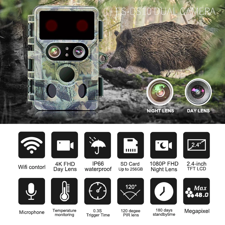 48MP Wildlife Photo Trap Wifi Trail Camera Dual Lens Auto Switch 4K 1080P Wildcamera