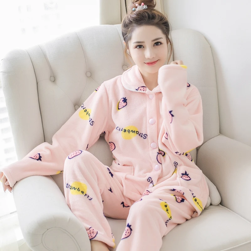Wholesale Women Printed Keep Warm Flannel Plush Lapel Winter Pajamas set Sleepwear For Female cartoon Casual