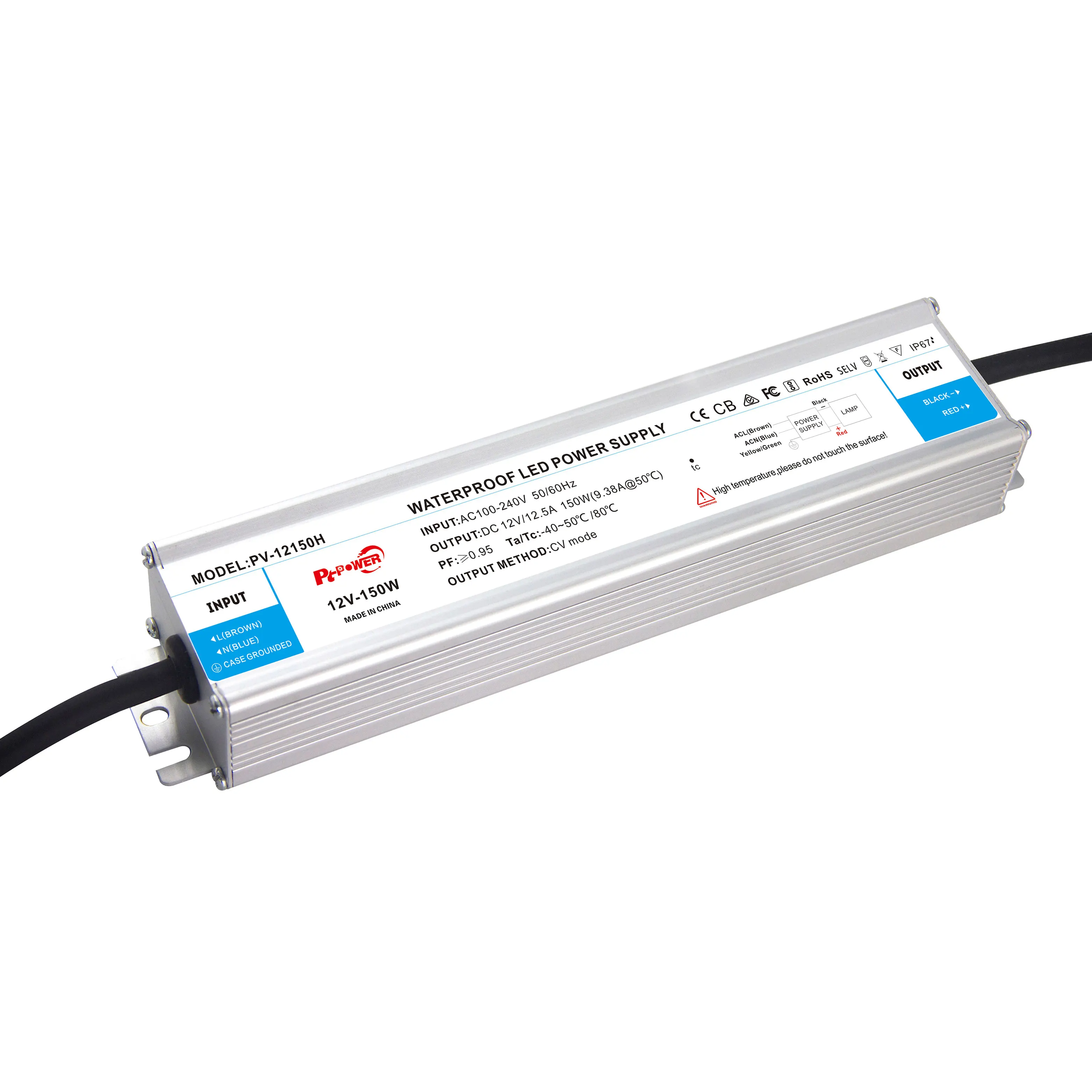 HIgh Efficiency PF 0.95 150W 12V DC EMC Standards Waterproof IP67 Constant Voltage LED Driver
