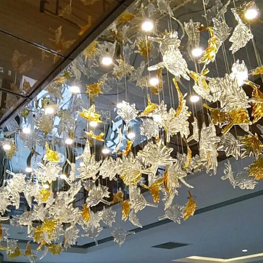 Modern Art Blown Glass Lead Chandelier Living Room Hotel Lobby Villa Hanging Pendant Lights Modern Maple Glass Leaf Chandelier