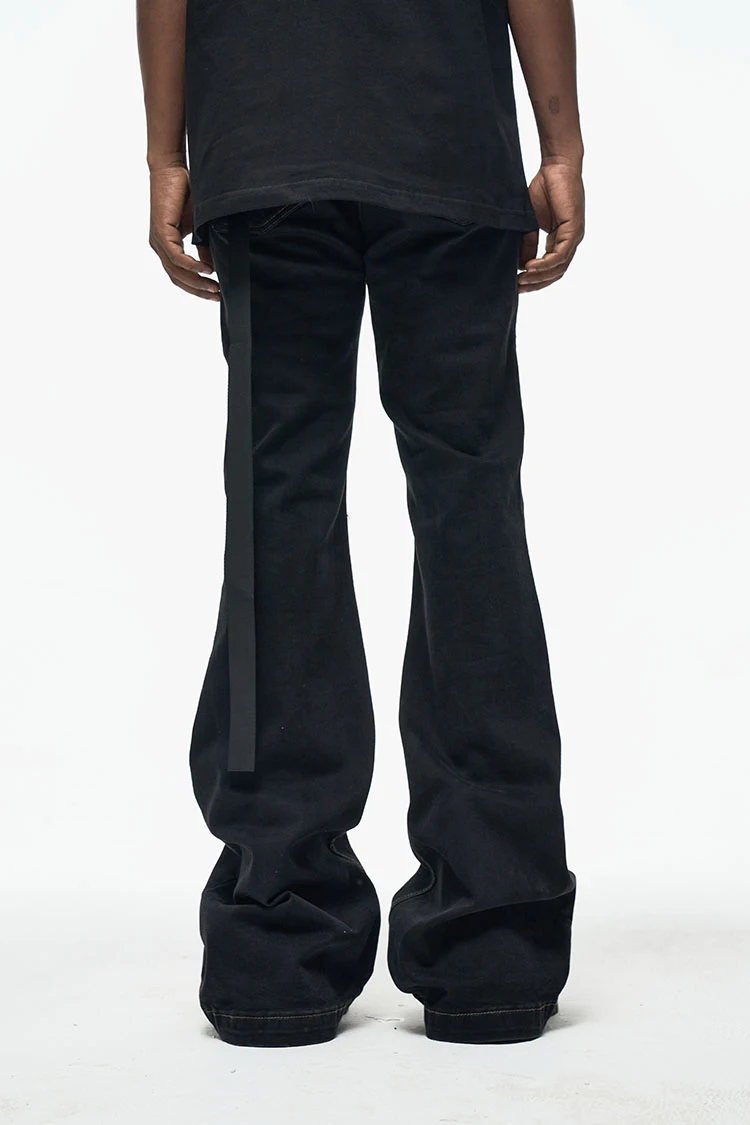 Custom label drop ship stock street wear stock baggy jeans manufacturer men black painted stacked flared  denim jeans