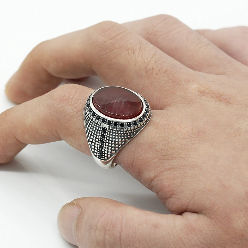 Turkish Real S925 Silver Red Agate CZ Stone Men Ring Designs , Antique Natural Onxy Zircon Stone Rings in Thai Silver