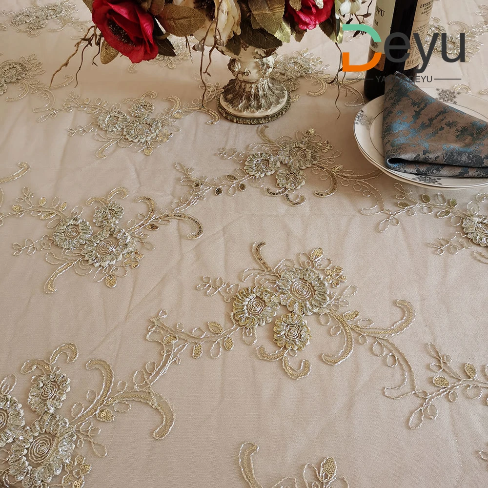 Wholesale 132 inch round light rose lace embroidery mesh tablecloth for luxury wedding