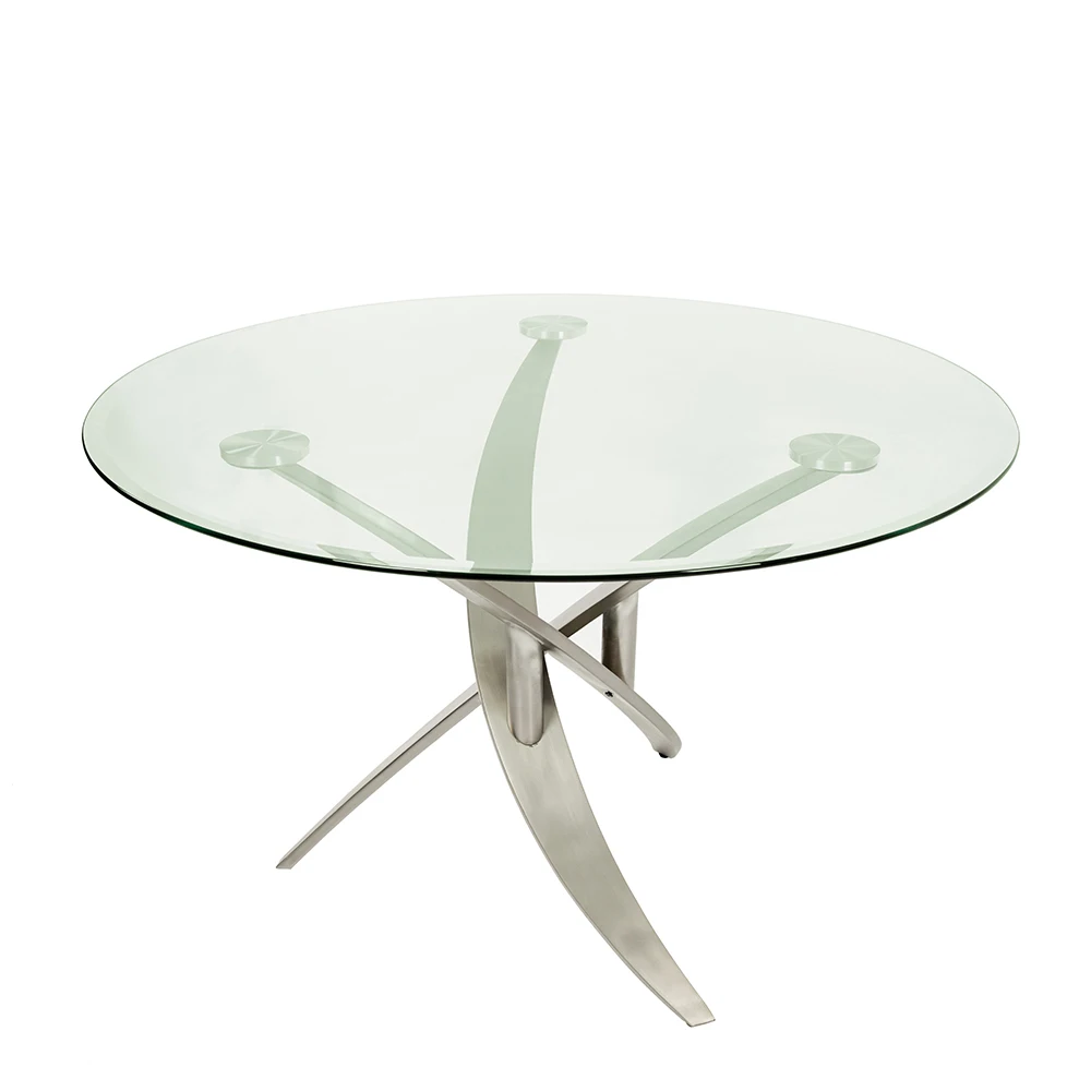
Modern Minimalist Unique Designs Kitchen Furniture Transparent Glass Top Silver Metal Iron Base Round Dining Table With Chairs 