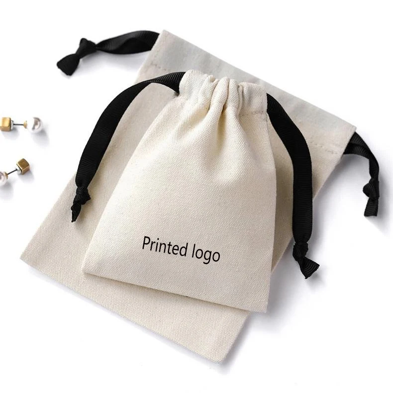 Wholesale 10x15cm Custom Logo Screen Printing Beige Cotton Canvas Cosmetic Makeup Packaging Bag Jewelry Pouches Drawstring Bags