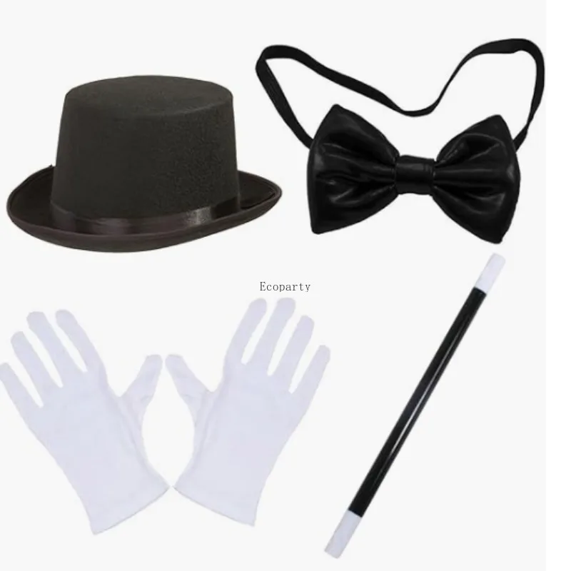 4Pcs/Set Magician Costume Halloween Magician Kit with High Hat Wand Gloves and Bow Tie Magician Costume Adult for Costume Part