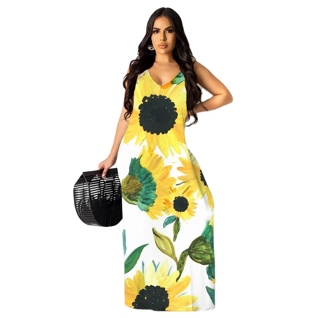 
2021 Summer In Europe And America Female Sunflower Print Halter Bohemian Large Size Long Dress Women Dresses 