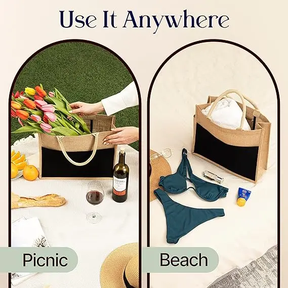 Promotional Eco Travel Bridesmaids Birthday Gift Shopping Reusable Burlap Black Tote Cheap Jute Bags