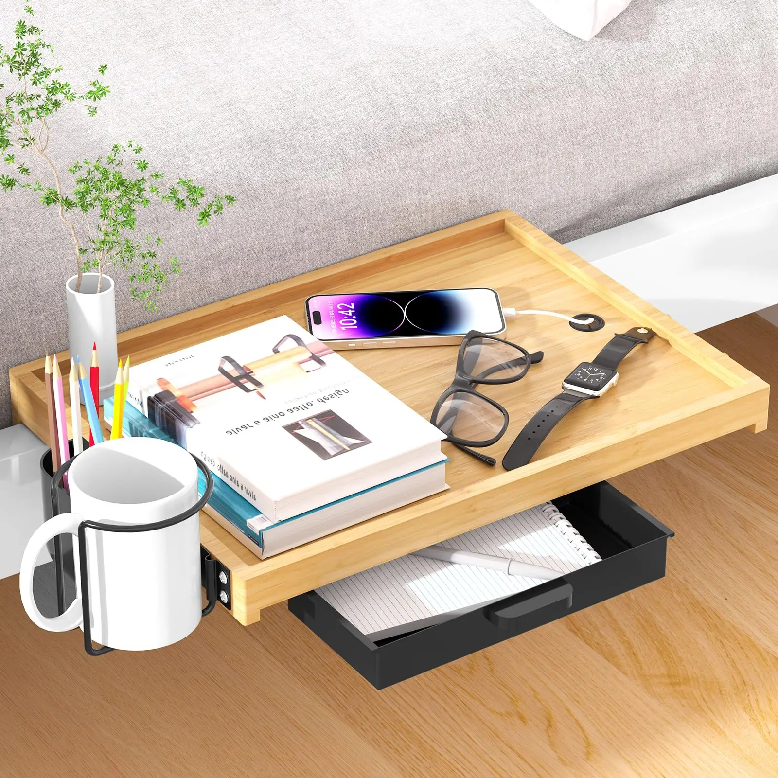Bamboo Bedside Shelf Tray Upper Bunk Nightstand Bedside Shelf  Clip-On Nightstand Bed Shelf Organizer Bedside Storage Cabinet