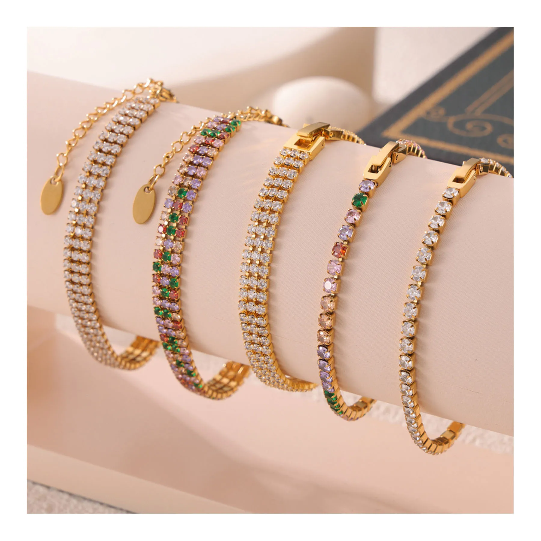 XIXI Luxury Acier Inoxydable Stainless Steel 18K Gold Plated Women Colorful Zircon Tennis Chain Fashion Jewelry Chain Bracelet