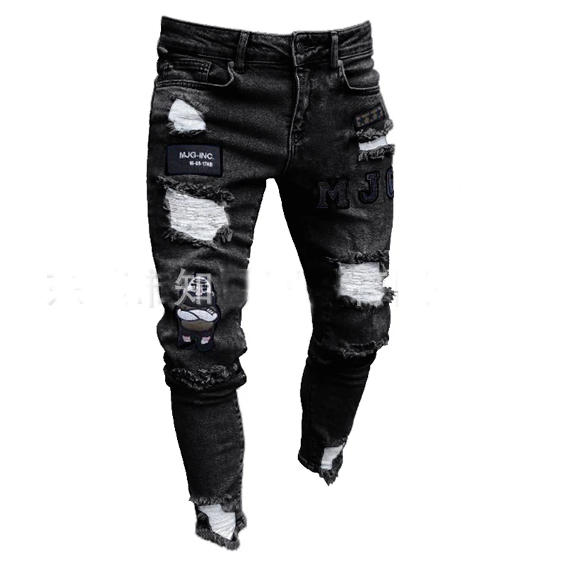  Уничтожена отверстие тесьмой Slim Fit джинсовые поцарапан высокого качества 3 вида стилей для мужчин эластичная рваные узкие байкерские с узором вышивкой и