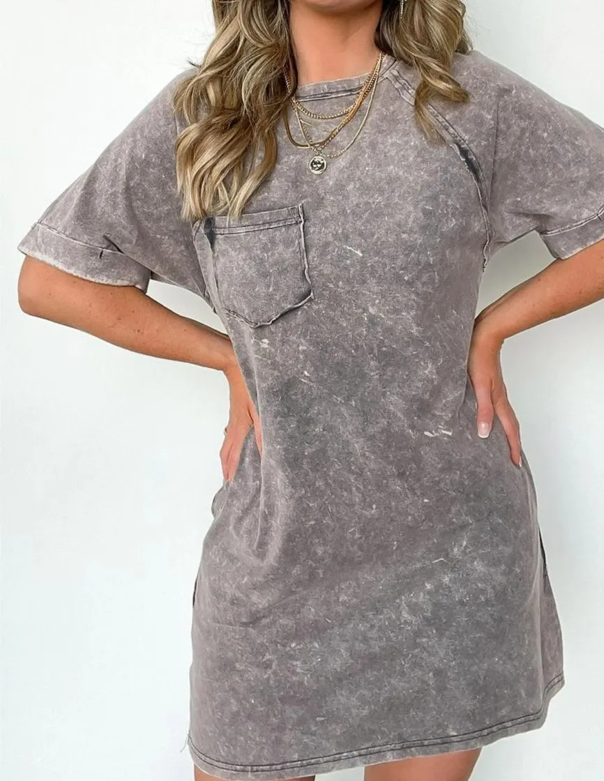 Wholesale Casual Cotton Short Sleeve Letter Printed Acid Washed Women Summer Cheap T shirt Dresses With Pocket