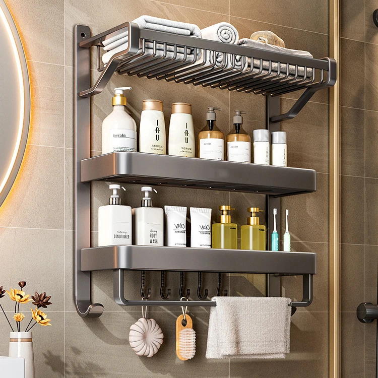 manufacturer custom large capacity 3 tier shower caddy shelf bathroom grey aluminum organizer storage shelf towel rail rack