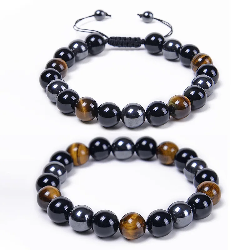 gemstone black obsidian hematite elastic healing energy magnetic mens tiger eye crystals stone triple protection bead bracelet